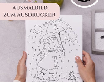 Joli coloriage pour enfants - pluie d'été, dessin unique réalisé à la main, téléchargement numérique, PDF, A4, activité créative
