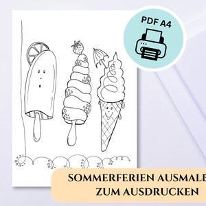Summer holidays coloring page for children - funny ice cream, unique, hand-drawn, digital download - PDF, A4, holiday anticipation to color