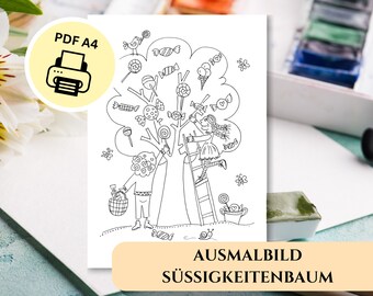 Page de coloriage amusante pour les enfants Candy Tree, unique et dessinée à la main, téléchargement numérique, PDF, A4, activité créative