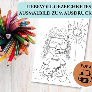 Immagine da colorare per bambini - Immergiti con me, unica e disegnata a mano, Download digitale - PDF, A4, tempo libero, regalo per colorare, vacanze