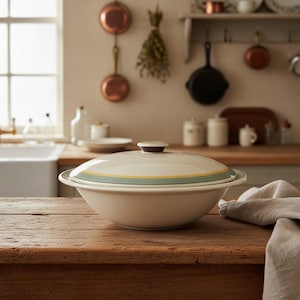 May include: A cream-colored ceramic serving bowl with a matching lid, featuring a horizontal band of muted green and yellow stripes around the center. The bowl has a wide, flared rim and a smooth, rounded lid with a small, dark brown knob handle.