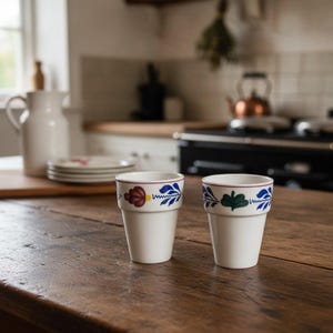 May include: Two white ceramic tumblers featuring a tapered shape and a hand-painted floral pattern around the rim. The left tumbler displays a red flower with blue leaves, while the right tumbler features a green leaf design with blue accents.