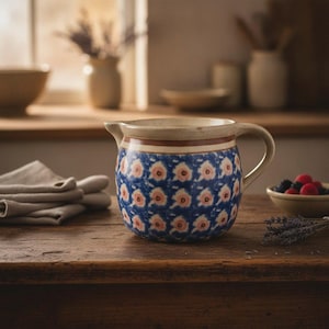 Könnte beinhalten: Ein Keramikkrug mit bauchigem Körper, verziert mit einem blau-rosa Blumenmuster, einem beigen Rand und einem geschwungenen Henkel. Der Krug hat eine weite Öffnung mit einem kleinen Ausguss und steht auf einer Holzoberfläche mit glasierter Optik.