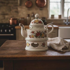 May include: A white ceramic teapot with a matching warmer base, featuring a colorful floral pattern of red and yellow roses. The teapot has a curved handle, a spout, and a lid with a finial. The base includes a cutout for a tea light candle.