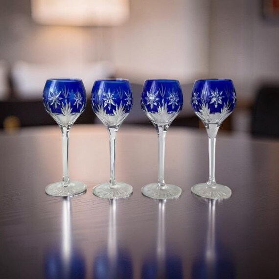 Vintage Nachtmann Cobalt Blue Crystal Wine Glasses Set of 4, Mid Century Bohemian Maximalist