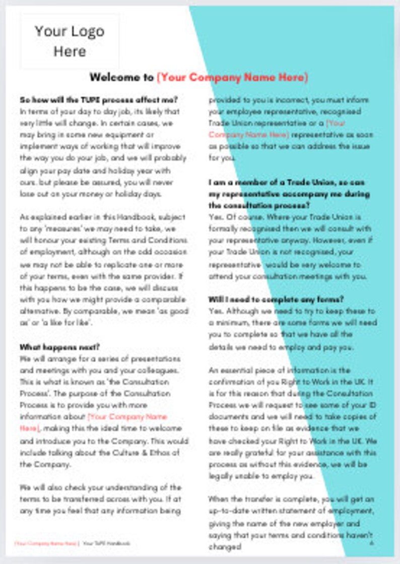 TUPE Employee Handbook Fully Editable Document TUPE Transfer Handbook