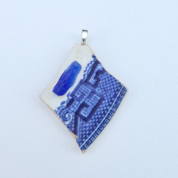 Vintage Pottery & Sea Glass Pendant-Gift Idea-Summer Jewelry-Summer