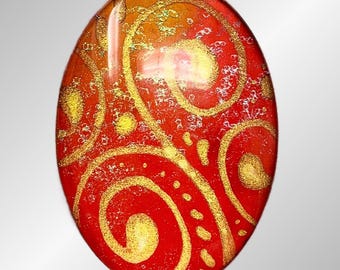 Hand-Painted Cabochon, Gold Swirl, Orange, Jewelry Making (35x25mm)