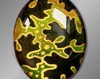 Hand-Painted Glass Cabochon, Oak Leaves, 30x40mm, Gold Accents