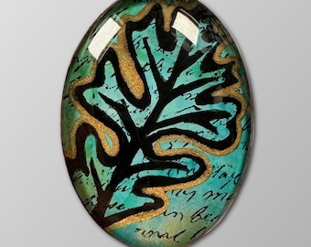 Hand Painted Glass Cabochon Oak Leaf Design, 30x40mm- Oval Cabochon for Wire Wrap Focal, Bead Embroidery Cab