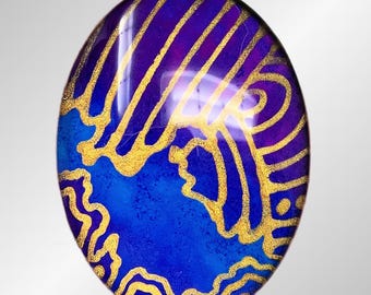 Hand-Painted Cabochon, Abstract Blue Purple Gold, Jewelry Making (30x40mm)