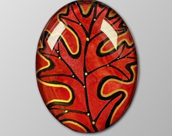 Hand Painted Glass Cabochon Oak Leaf Design, 30x40mm- Oval Cabochon for Wire Wrap Focal, Bead Embroidery Cab