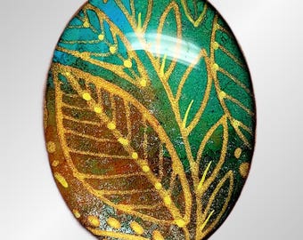 Hand-Painted Glass Cabochon, Gold Leaves, 30x40mm