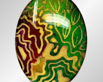 Hand-Painted Glass Cabochon, Gold Leaf Design (30x40mm)