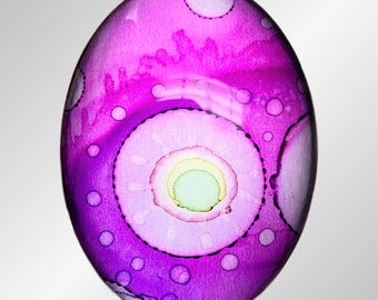 Hand-Painted Purple Glass Cabochon, Wire Wrapping, Bead Embroidery (30x40mm)