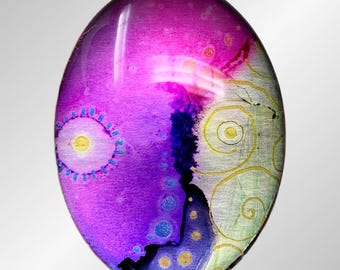 Hand-Painted Purple Cabochon, Wire Wrapping, Bead Embroidery (30x40mm)