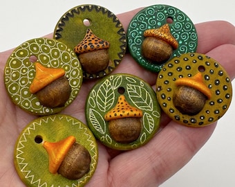 Wood-Burned Acorn Charms, Handmade Autumn Pendants, Set of 6