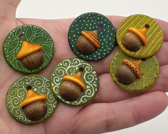 Wood Burned Acorn Charms, Handmade Autumn Pendants, Set of 6