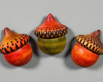 Wood-Burned Acorn Magnets, Handmade Autumn Decor, Set of 3