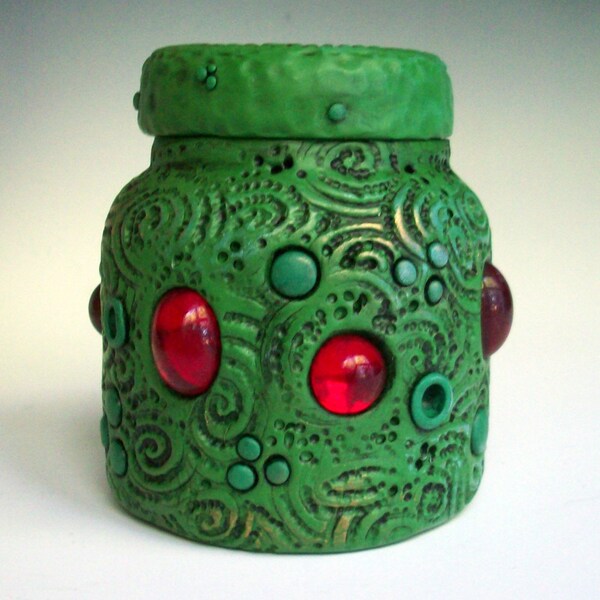 Green Dragon Jar/ Vase Polymer Clay over Glass