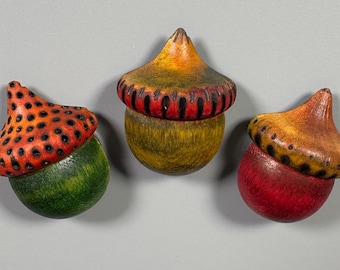 Wood-Burned Acorn Magnets, Handmade Autumn Decor, Set of 3