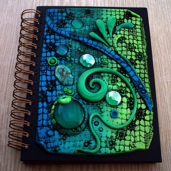 Art Journal Notebook Dragon Skin Polymer Clay and Glass Gems