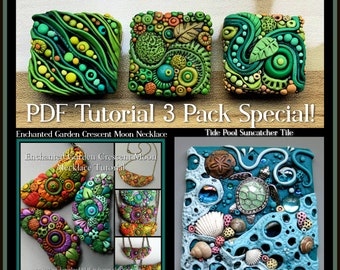 Tutorial 3 Pack Special, Tiny Textured Tiles, Tidepool Suncatcher and Enchanted Garden Crescent Moon Necklace, 3 PDF Tutorials, Bundle Price