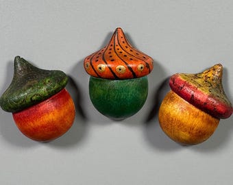 Wood Burned Acorn Magnets Set of 3, Hand Colored Wooden Acorns, Autumn Fall Decor, Woodland Refrigerator Magnets