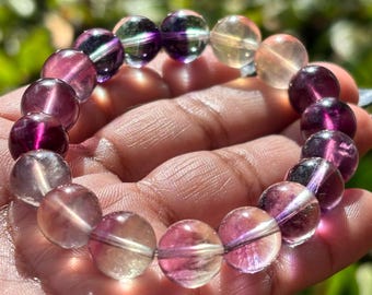 Rainbow Fluorite 10mm Stretch Bracelet, Polished Crystal Beads, Balanced Energy Jewelry