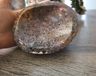 Ocean Jasper Crystal Bowl, Polished Druzy Dish, Healing Decor L 5" W 4" H 2"