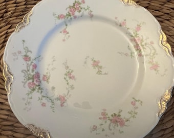 6 pc. Lot of Warwick Old Abbey Plates & Saucers - Pink Roses, Gray Scrolls, Gold Daubs