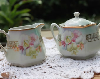 Hand-painted Art Nouveau/Art Deco China Porcelain Sugar Bowl & Creamer set for Tea - Bavaria
