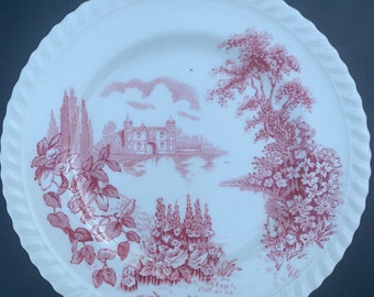 Vintage 1930s Johnson Brothers / Bros Castle en el lago Pink Red Transferware Platillos, platos de pan y mantequilla