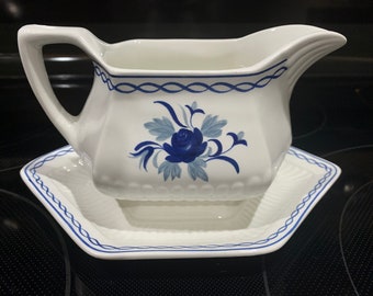 Vintage Gravy Boat with Attached Underplate - Adams Ironstone Baltic Blue (Newer, White)
