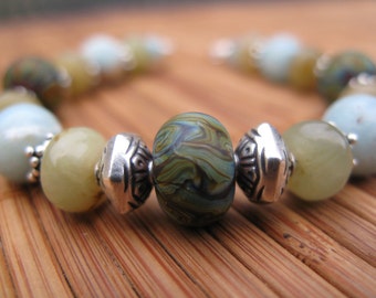 Colors of the Amazon -- Lampwork, Amazonite, Jade and Bali Silver Bracelet