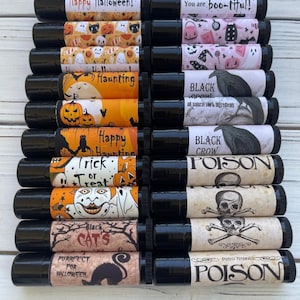 Halloween Lip Balms, Halloween Party Favors, Coworker Gift Halloween Gift, Friends Halloween Gift, Black Cat, Skeleton, Poison, Black Crow
