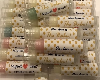 Wedding Favors, 100 Our Love is the Balm Lip Balm Favors, Bridal Party Favors, Gold or Silver Pokadots, Personalized Labels