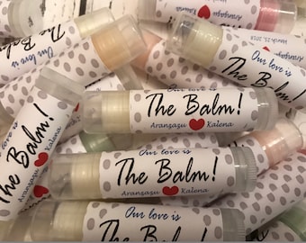 Wedding Favors, 100 Our Love is the Balm Lip Balm Favors, Bridal Party Favors, Gold or Silver Pokadots, Personalized Labels