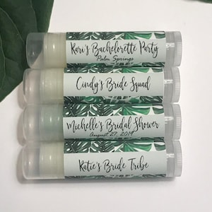 Palm Leaf Lip Balms Beach Wedding Favors Tropical Bachelorette Party Bridal Shower Bridesmaid Gifts Bride Tribe Bride Squad Personalized