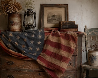 Americana Flag Scarf, USA Flag Banner, Primitive Tea Dyed Distressed Flag, Patriotic Farmhouse Decor