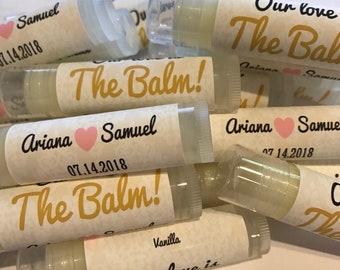 Wedding Favors, 100 Our Love is the Balm Lip Balm Favors, Bridal Party Favors, Gold and Blush Pink