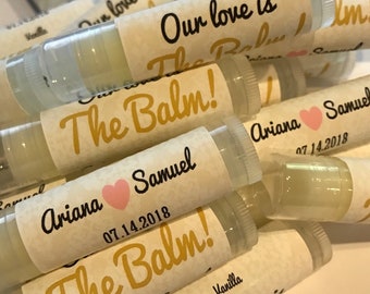 Wedding Favors, Our Love is the Balm Lip Balm Favors, Bridal Party Favors,  Gold and Blush Pink