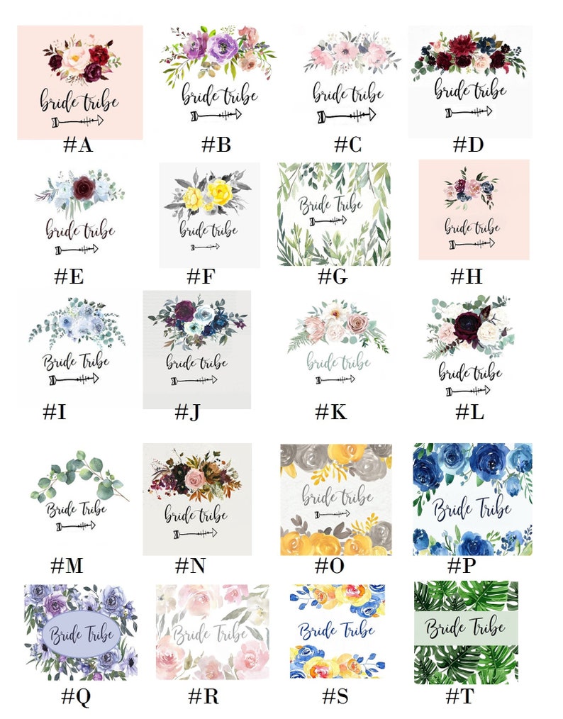 May include: Twenty different designs for a bride tribe, featuring various floral patterns and colours, including pink, blue, yellow, green, and white. Each design includes the text "bride tribe" with an arrow pointing to the right.