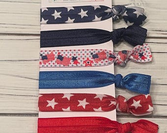 Patriotic Hair Ties, Elastic Hair Ties, Wrist Ties, Red White Blue Hair Ties, Memorial Day, 4th of July
