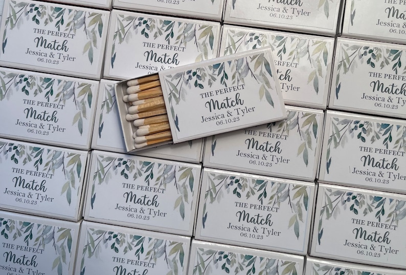 Wedding Matches, Bridal Shower Matches, Anniversary Matches, Wedding Favors, The Perfect Match, Love Struck, Personalized Matches Greenery image 1
