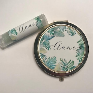Palm Leaf Tropical Bridesmaid Gift Set Compact Mirror and Lip Balm Personalized Gift Banana Leaf