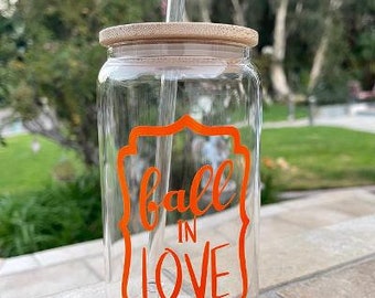 Fall In Love Iced Coffee Glass Drink with Bamboo Lid and Straw,Gift for Bride,Women friend Gift, Co Worker Gift,Bridesmaid Gift Fall Wedding