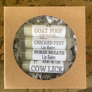 Farm Girl gift, Horse Breath, Cow Lick, Goat Poop, Chicken Feet Lip Balm Gift Set, Cow Girl, Horse Lover, Stocking Stuffer, Gift for Her