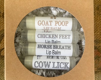 Farm Girl gift, Horse Breath, Cow Lick, Goat Poop, Chicken Feet Lip Balm Gift Set, Cow Girl, Horse Lover, Stocking Stuffer, Gift for Her