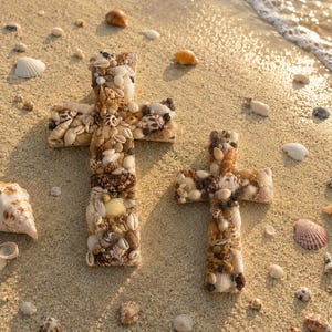 May include: Two cross-shaped wall hangings covered in a dense mosaic of various small seashells in shades of tan, brown, white, and cream. The crosses feature a textured surface created by the layered arrangement of spiral and bivalve shells.